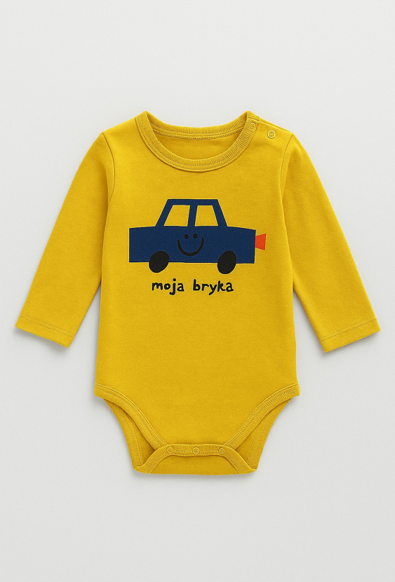 Body niemowlęce – żółte z napisem „moja bryka”