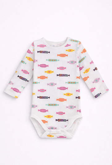 Białe body niemowlęce z nadrukiem w cukierki