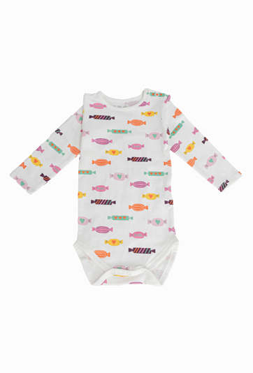 Białe body niemowlęce z nadrukiem w cukierki