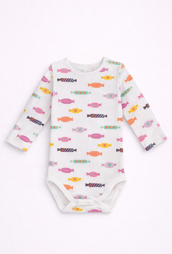 Białe body niemowlęce z nadrukiem w cukierki