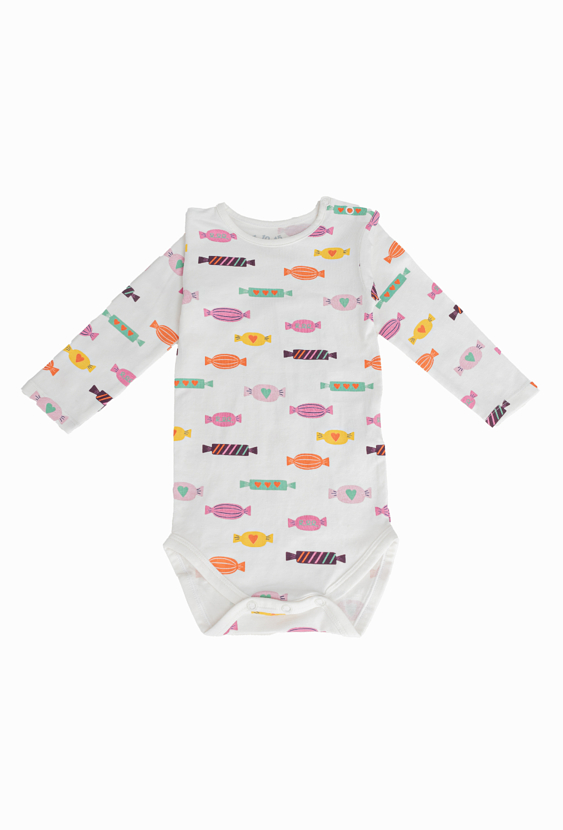 Białe body niemowlęce z nadrukiem w cukierki