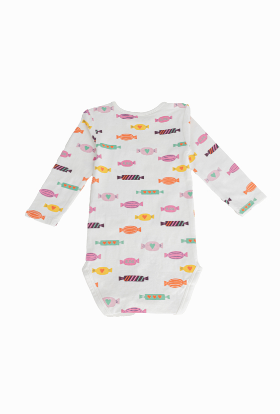 Białe body niemowlęce z nadrukiem w cukierki