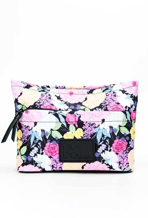 Czarna damska kosmetyczka w kolorowy kwiatowy wzór.