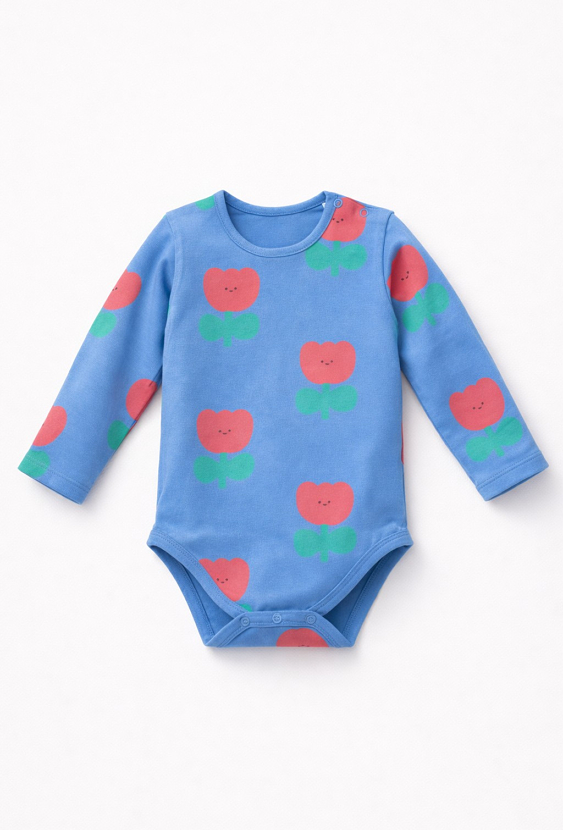 Niebieskie body niemowlęce z nadrukiem all over print w kwiatki