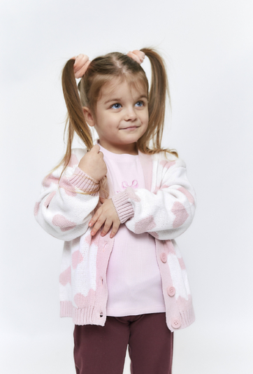 Sweter dziewczęcy rozpinany - ecru w różowe serduszka