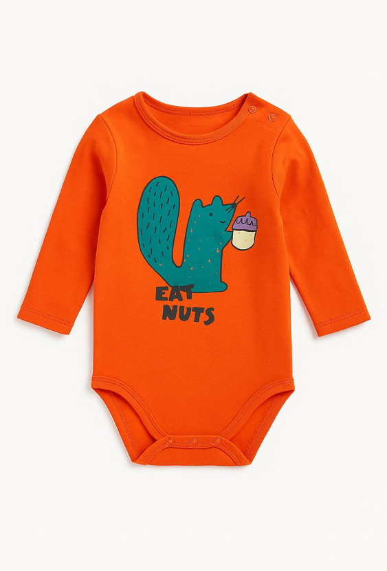Body niemowlęce – pomarańczowe z wiewiórką i napisem 
